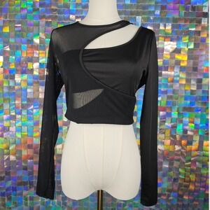 Black Mesh Long‎ Sleeve Crop Top Cutout Sexy Party Clubwear